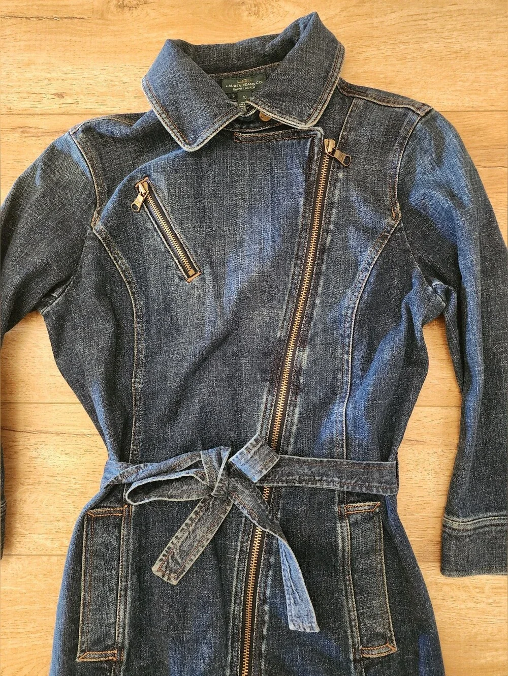 Vintage NWOT Ralph Lauren Jeans Heavy Denim Trench Coat Dress Women 10 Moto Zip - Picture 3 of 13